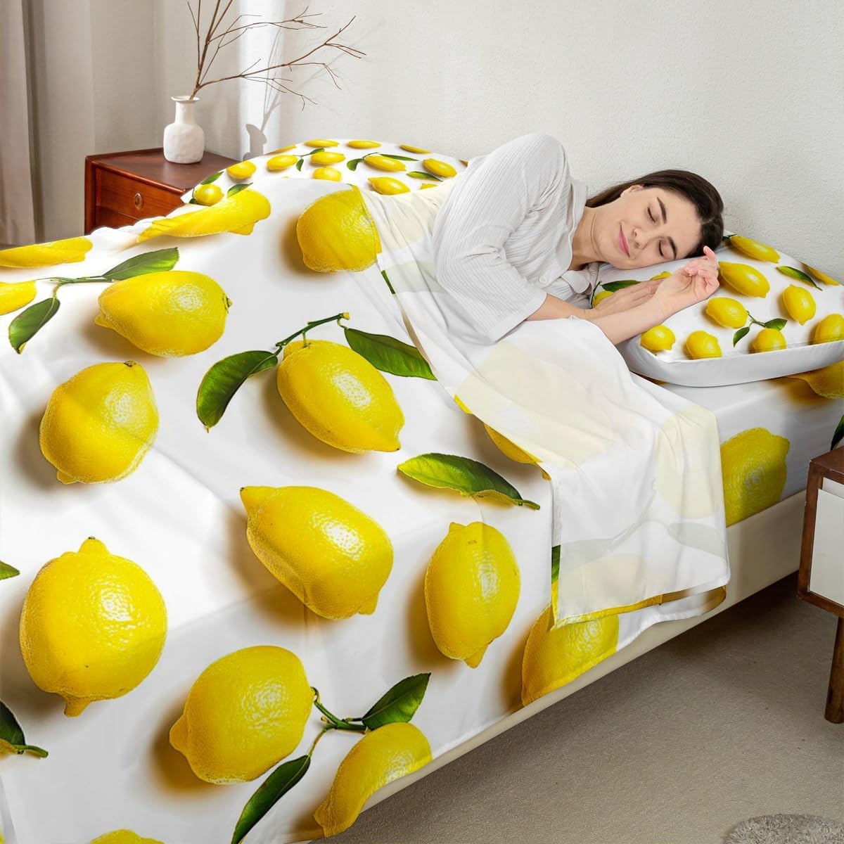 Sunny Lemon Print Bed Sheets Set Full Size Green Leaf Plant