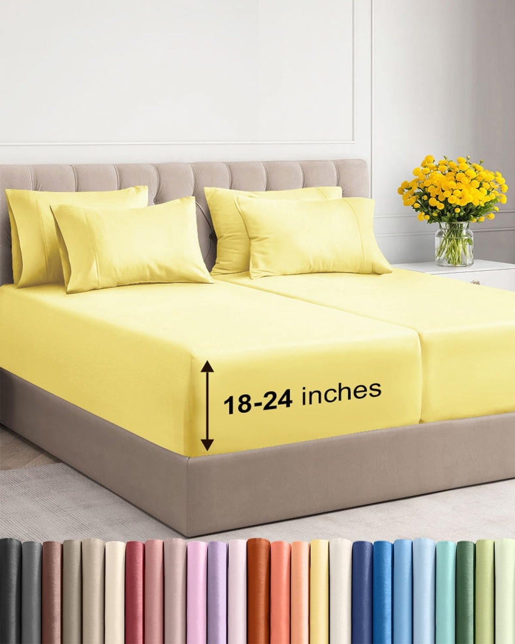 Extra Deep Split King Sheet Set - 7 Piece Breathable & Cooling - Yellow