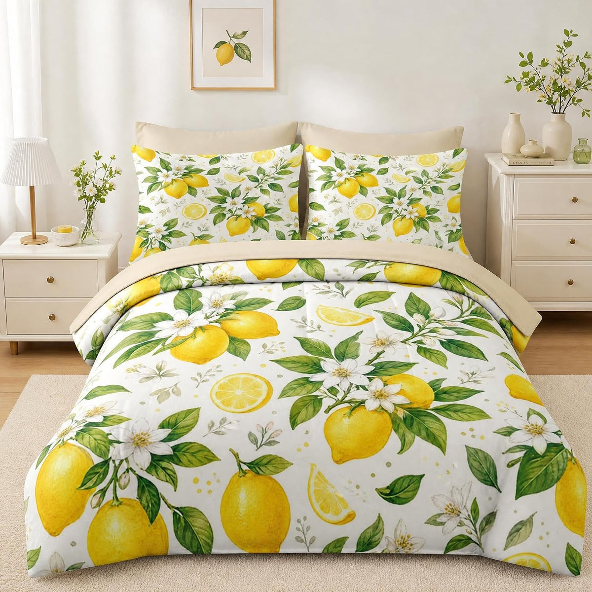 Full Comforter Set, 7 Pieces Lemon Floral Bedding Set