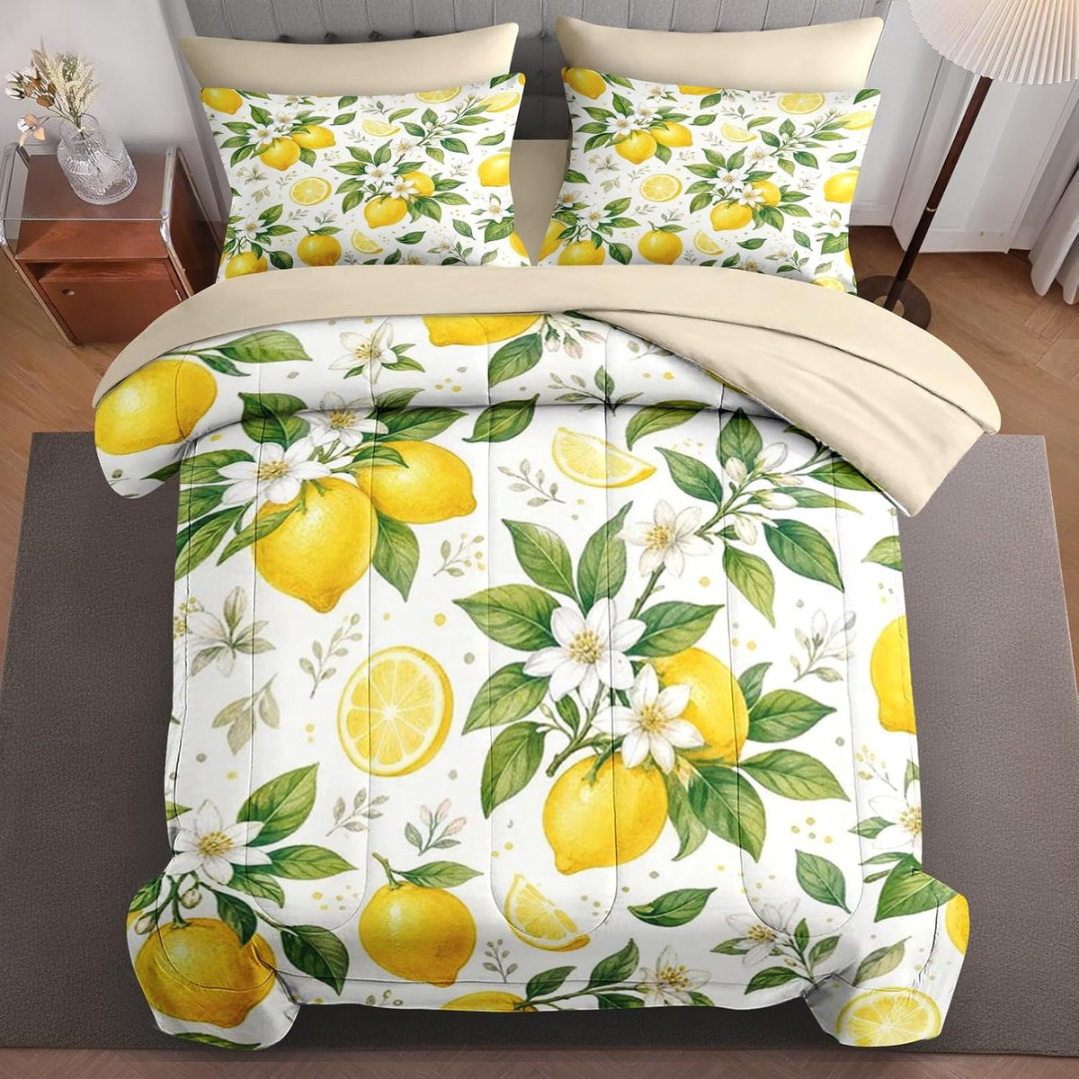 Full Comforter Set, 7 Pieces Lemon Floral Bedding Set