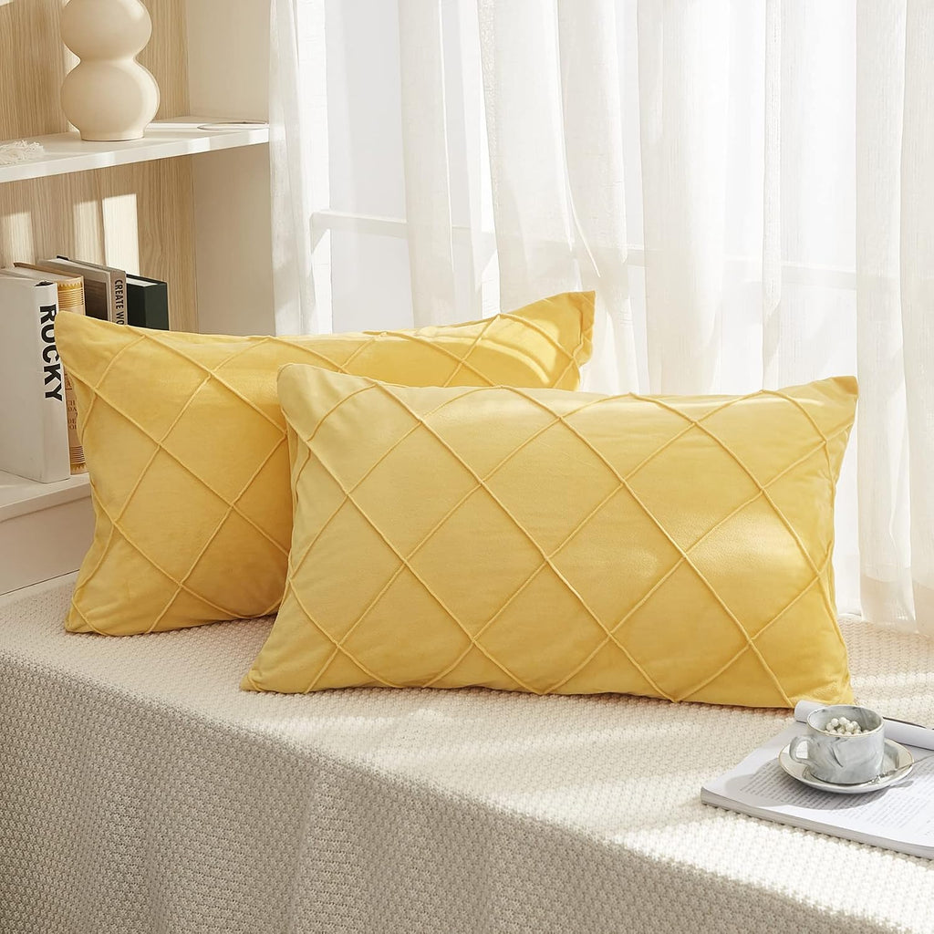 Diamond Pinch Pleated Crystal Velvet Pillowcases 2 Pack Solid Pintuck Throw Cushion Cover for Home Decor Hidden Zipper Closure (Yellow, Standard)