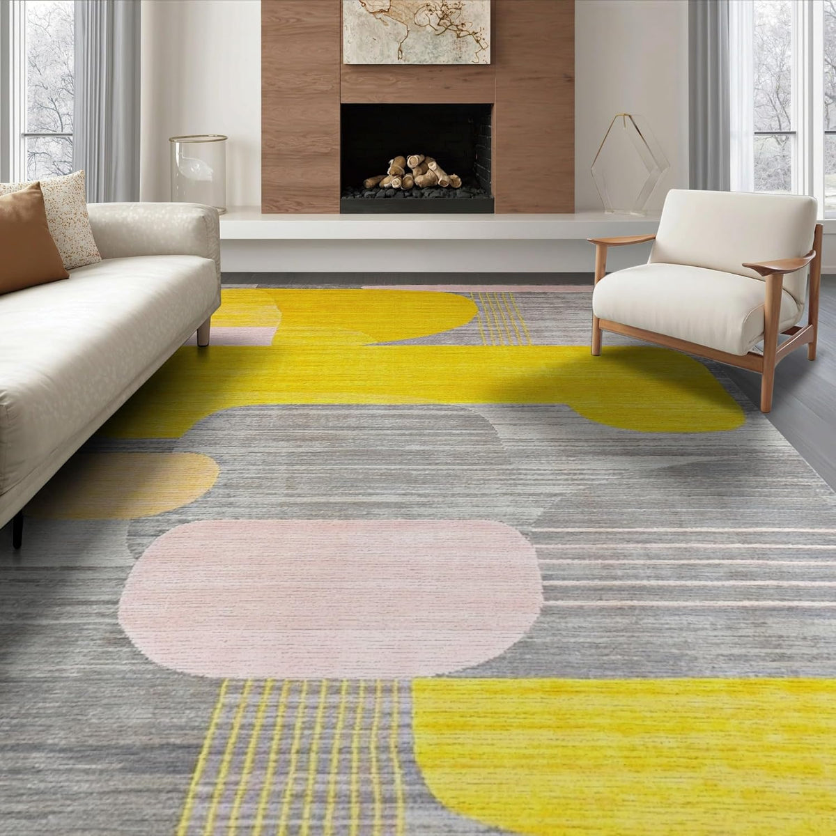 6'x9' Yellow Gray Abstract Geometric Design Washable Area Rug