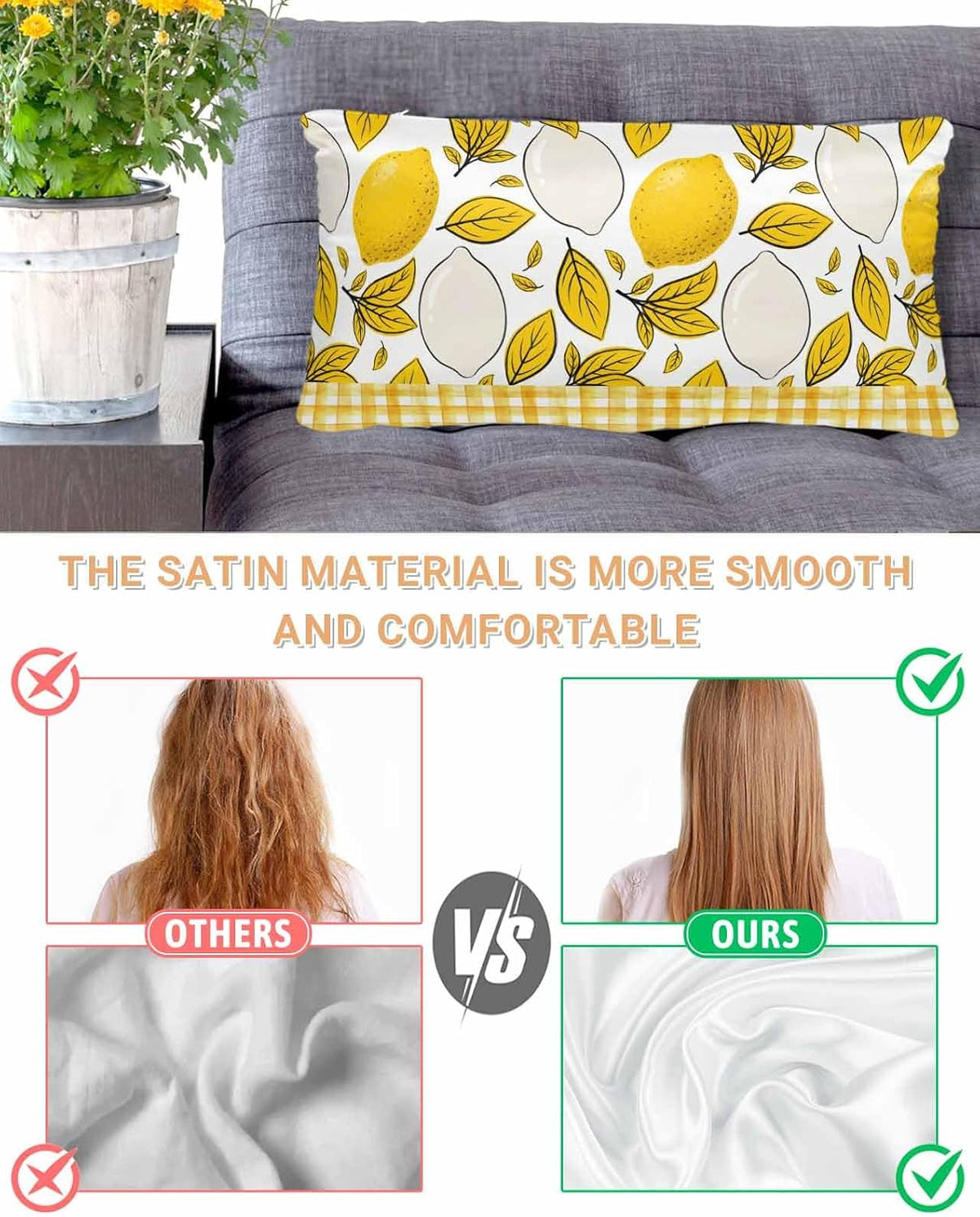 Summer Botanical Satin Pillowcase for Hair and Skin, Lemons Abstract Fruit Silhouette Yellow Stripes Silky Pillow Cases Standard Size with Zipper 1 Pack Cooling Pillow Cover for Women Men, 20''x40''