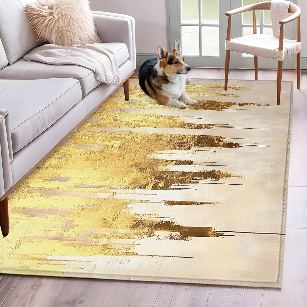 Area Rug Abstract Yellow Beige Non-Slip Indoor Area Rug Modern Art Washable Decorative Floor Carpet for Bedroom Living Room