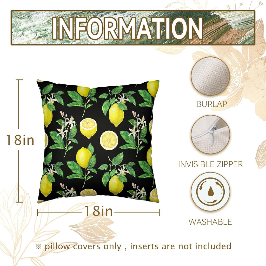 Lemon Pillow Covers 18 x 18 Inch Summer Black Yellow Throw Pillow Cover Set of 2 Spring Fruit Floral Pillow Case Decorative Cushion Covers for Sofa Couch Car Bedroom Decor