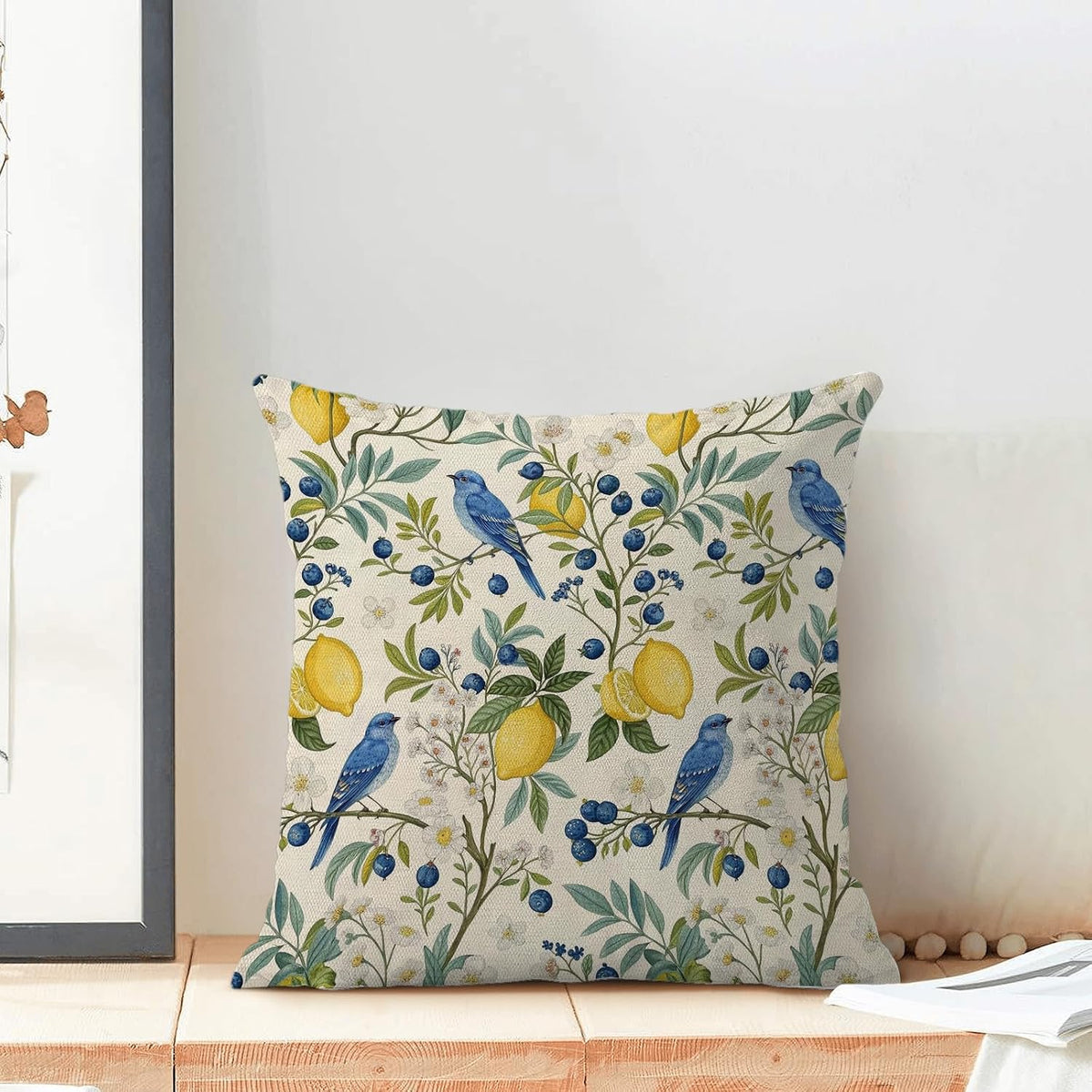 Chinoiserie Pillow Covers 18x18 Set of 2 Vintage Blue Birds Floral Throw Pillow Covers Outdoor Decoration Spring Summer Yellow Lemon Pillowcase Farmhouse Decorative Cushion Case for Couch Sofa