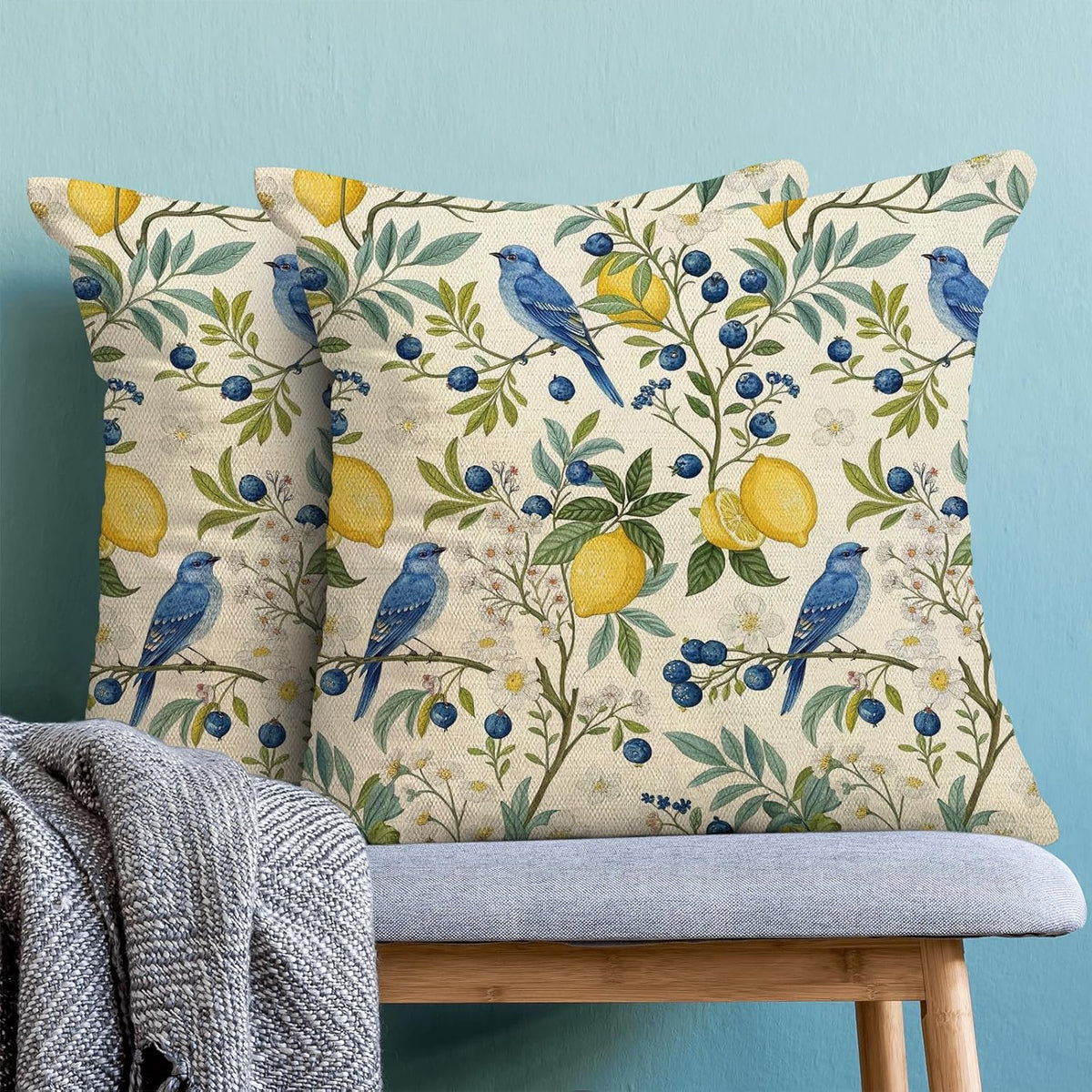 Chinoiserie Pillow Covers 18x18 Set of 2 Vintage Blue Birds Floral Throw Pillow Covers Outdoor Decoration Spring Summer Yellow Lemon Pillowcase Farmhouse Decorative Cushion Case for Couch Sofa