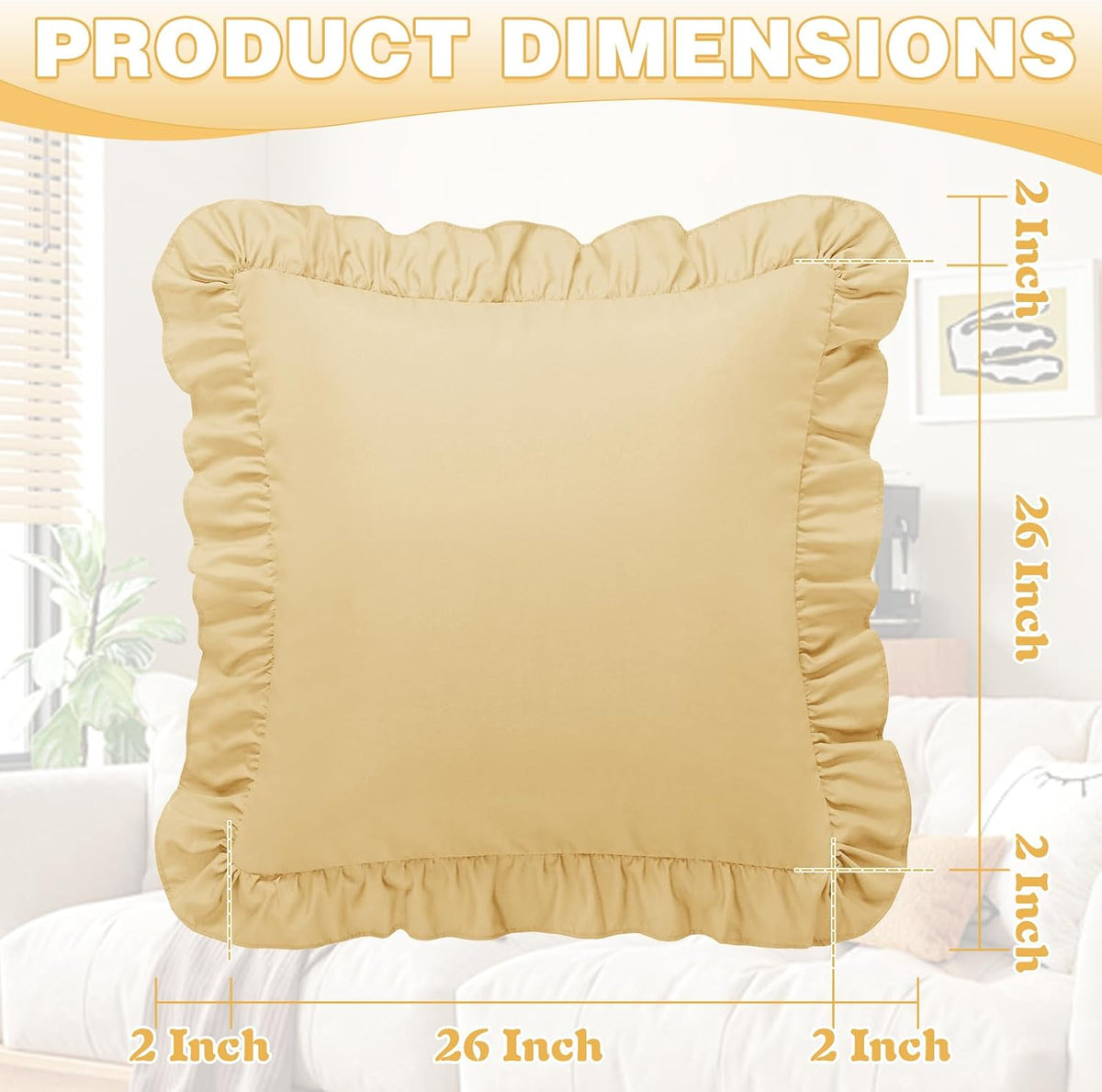 Ruffle Euro Pillow Covers, Yellow, 26x26 Inches, 2 Pack