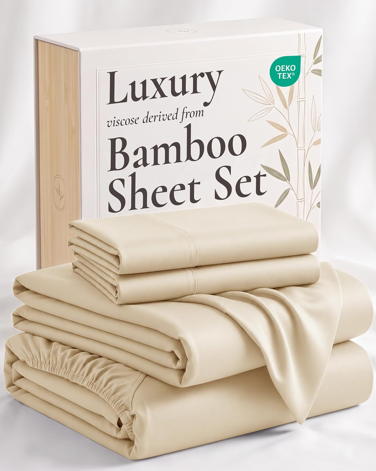 4 Piece Bed Sheet Set King Size, 100% Viscose Derived from Bamboo Sheets Set with 2 Pillowcases, Cooling & Breathable Luxury Bedding, Moisture-Wicking & Silky Soft, Light Yellow