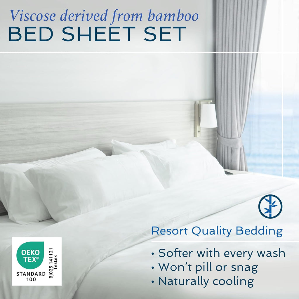 4 Piece Bed Sheet Set King Size, 100% Viscose Derived from Bamboo Sheets Set with 2 Pillowcases, Cooling & Breathable Luxury Bedding, Moisture-Wicking & Silky Soft, Light Yellow