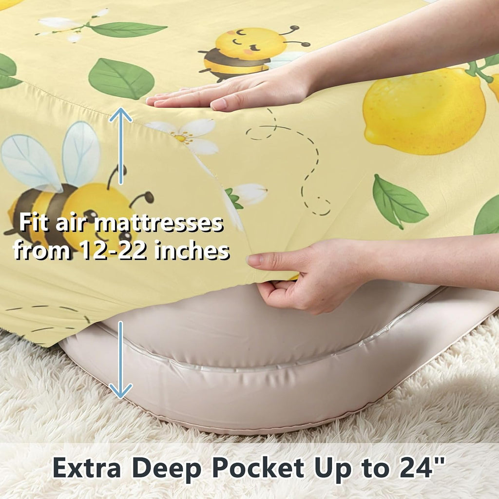 Lemon Bee Yellow Floral Air Mattress Sheet for 12-22 Inch Air Bed Soft Breathable Fitted Sheet with 24 Inch Deep Pocket & Zipper Opening, Twin