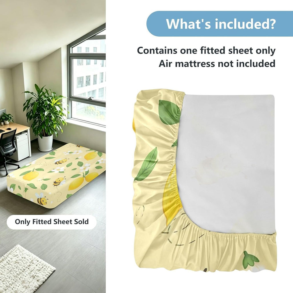 Lemon Bee Yellow Floral Air Mattress Sheet for 12-22 Inch Air Bed Soft Breathable Fitted Sheet with 24 Inch Deep Pocket & Zipper Opening, Twin