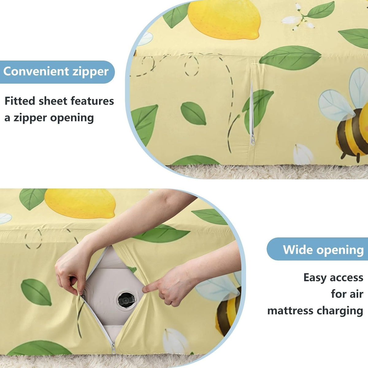 Lemon Bee Yellow Floral Air Mattress Sheet for 12-22 Inch Air Bed Soft Breathable Fitted Sheet with 24 Inch Deep Pocket & Zipper Opening, Twin