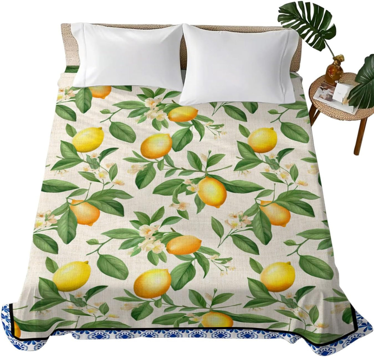 Flat Sheet, 1 Piece Top Sheet Twin Size Yellow Lemon Leaves Soft Breathable Bed Sheet Floral Blue Brushed Microfiber Bed Sheet, Wrinkle Resistant, Fade Resistant Bedding