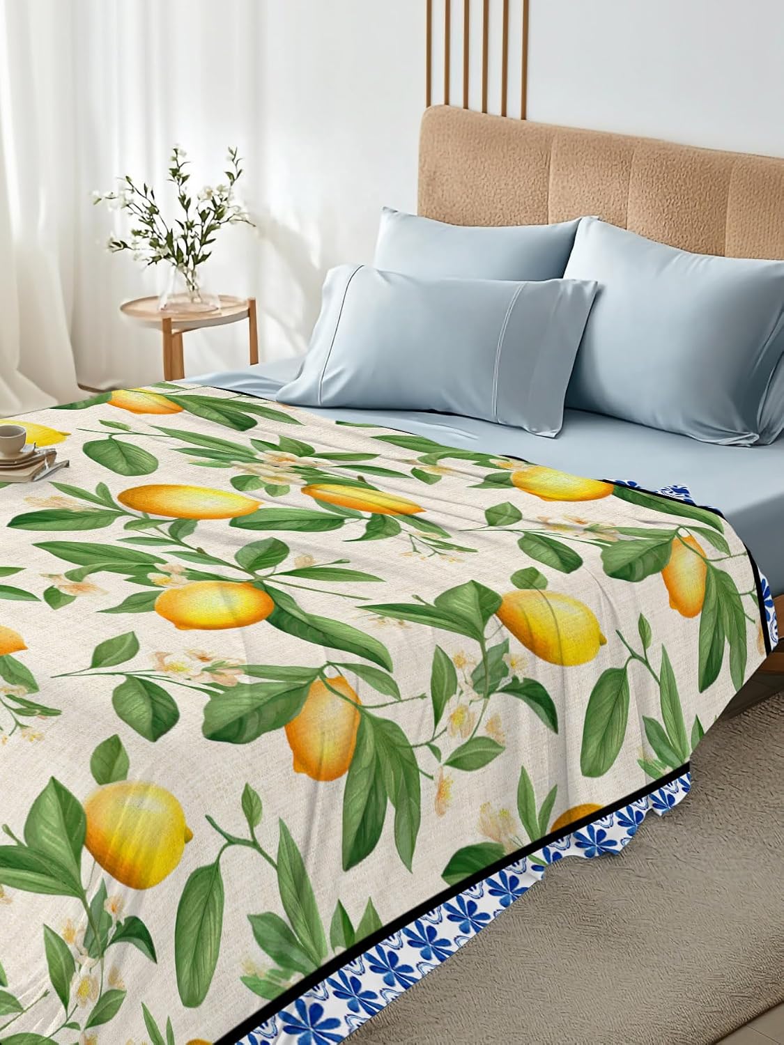 Flat Sheet, 1 Piece Top Sheet Twin Size Yellow Lemon Leaves Soft Breathable Bed Sheet Floral Blue Brushed Microfiber Bed Sheet, Wrinkle Resistant, Fade Resistant Bedding