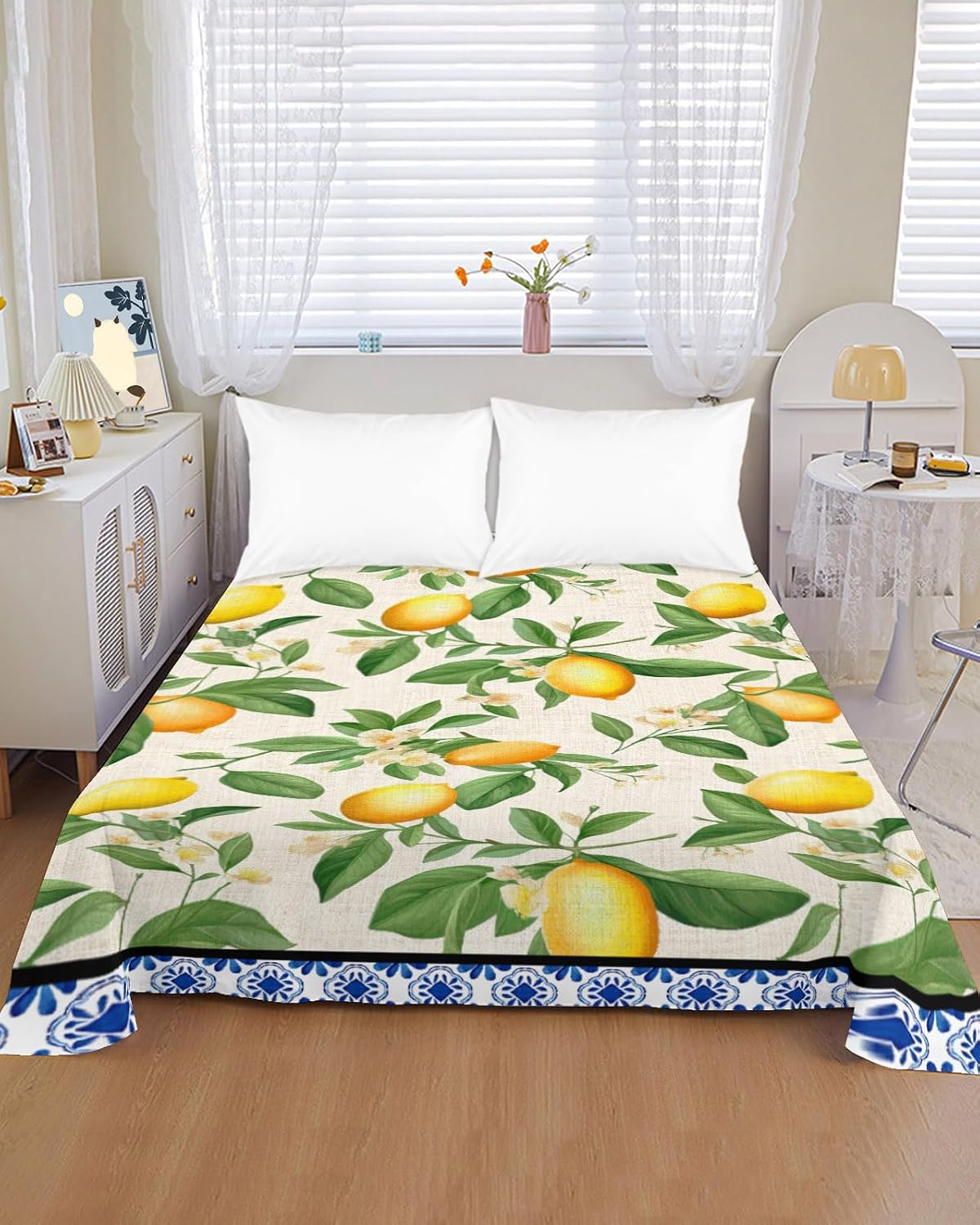 Flat Sheet, 1 Piece Top Sheet Twin Size Yellow Lemon Leaves Soft Breathable Bed Sheet Floral Blue Brushed Microfiber Bed Sheet, Wrinkle Resistant, Fade Resistant Bedding