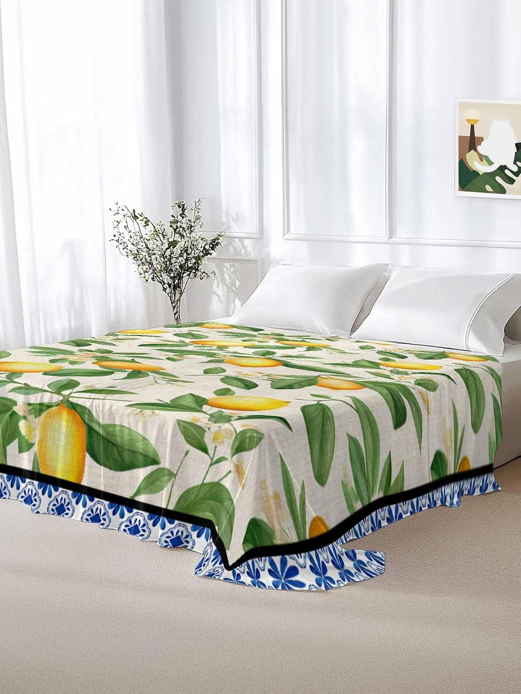 Flat Sheet, 1 Piece Top Sheet Twin Size Yellow Lemon Leaves Soft Breathable Bed Sheet Floral Blue Brushed Microfiber Bed Sheet, Wrinkle Resistant, Fade Resistant Bedding