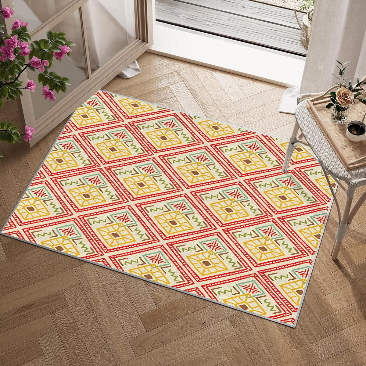 4x6ft Modern Design Non-Slip Area Rug – Soft Low Pile Abstract Geometry,Machine Washable Living Room Rug for Bedroom, Hallway – Easy Clean Decorative Home Carpet Yellow