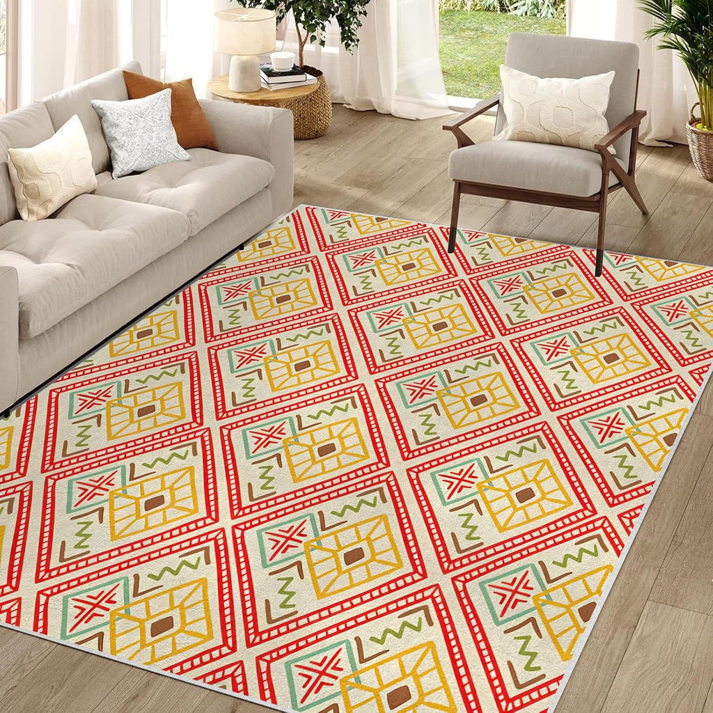 4x6ft Modern Design Non-Slip Area Rug – Soft Low Pile Abstract Geometry,Machine Washable Living Room Rug for Bedroom, Hallway – Easy Clean Decorative Home Carpet Yellow