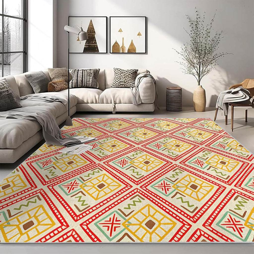 4x6ft Modern Design Non-Slip Area Rug – Soft Low Pile Abstract Geometry,Machine Washable Living Room Rug for Bedroom, Hallway – Easy Clean Decorative Home Carpet Yellow