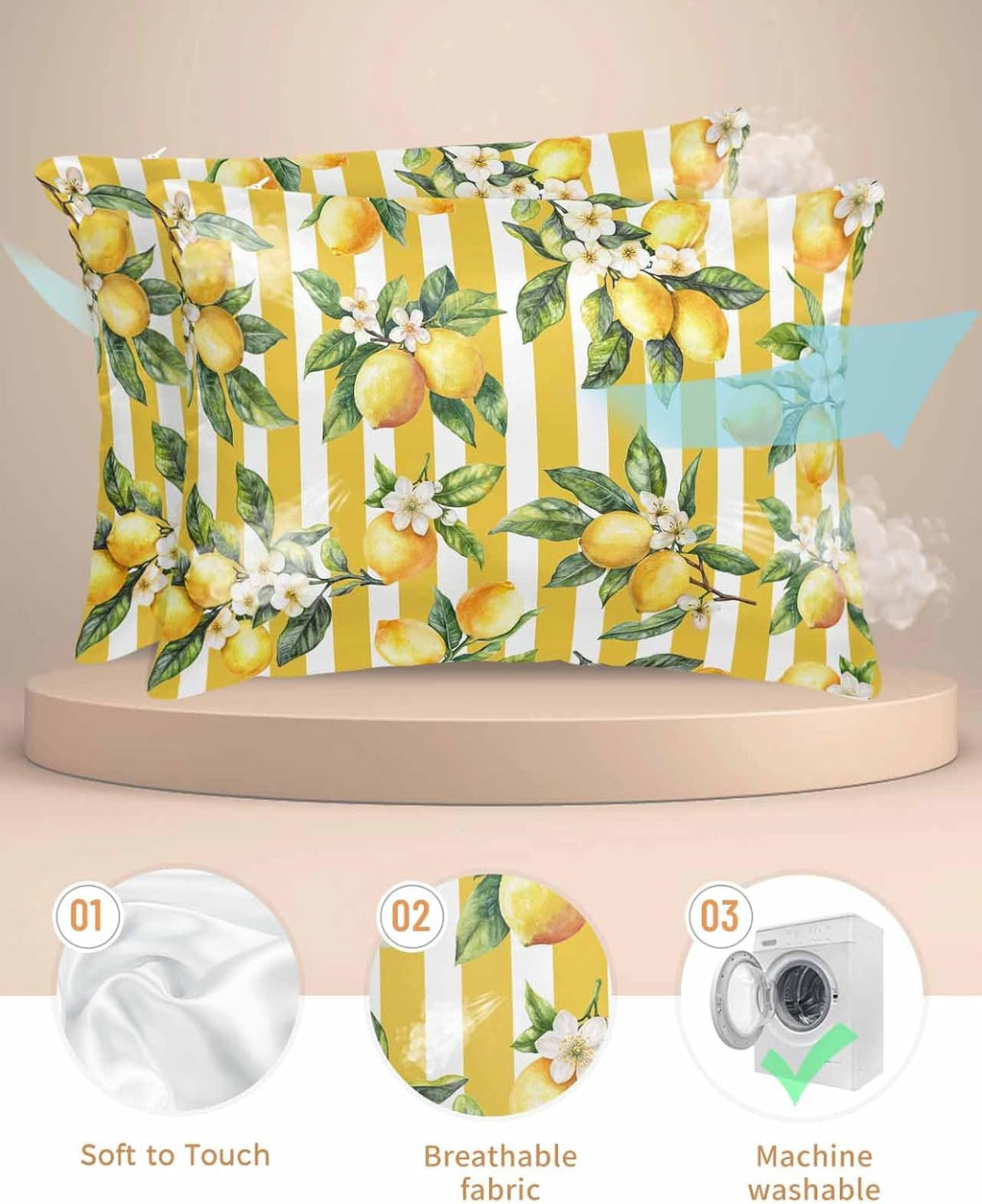 Satin Pillowcase for Hair and Skin Standard Size 2 Pack Floral Lemon Satin Pillow Case Soft Breathable Cooling Silk Fruit Leaves Yellow Stripes Pillowcases with Hidden Zipper Throw Pillow Covers 20x26