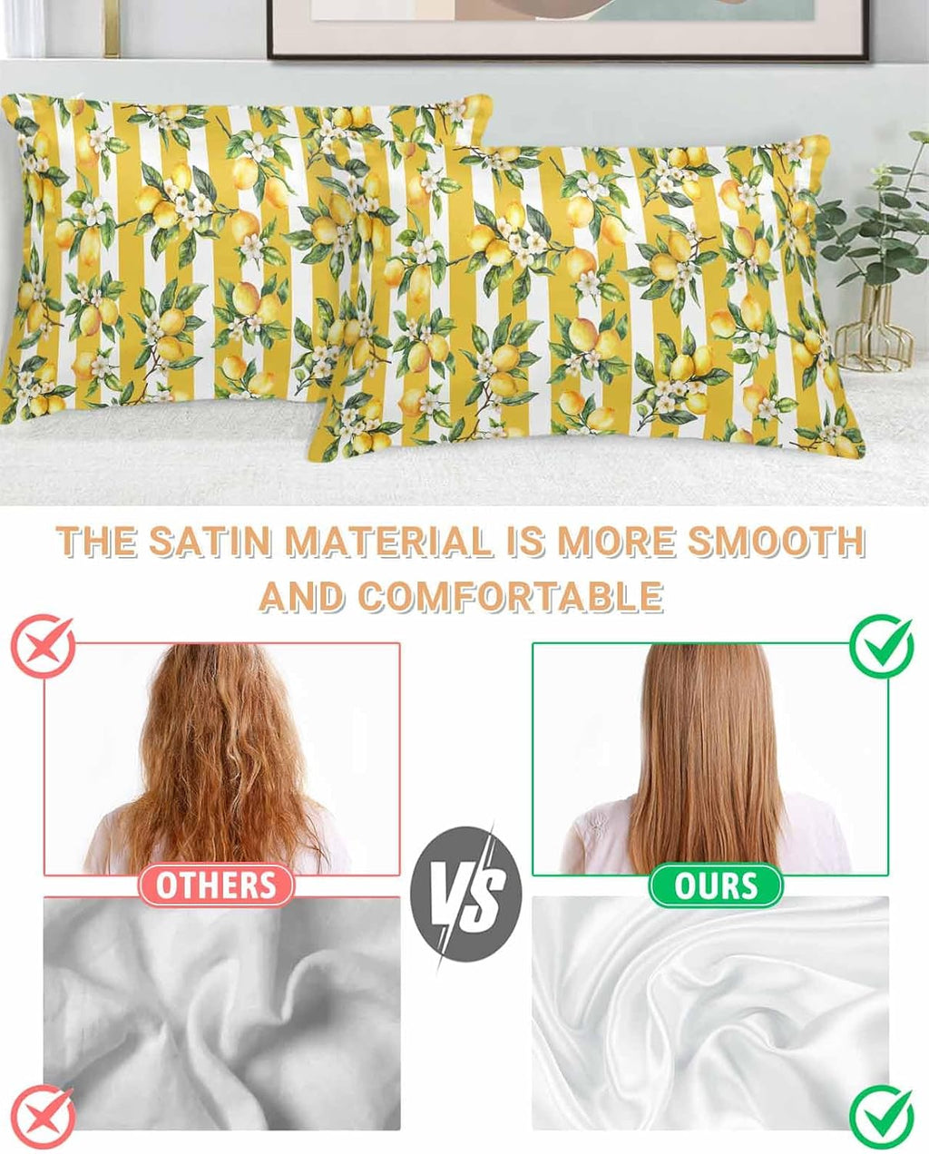 Satin Pillowcase for Hair and Skin Standard Size 2 Pack Floral Lemon Satin Pillow Case Soft Breathable Cooling Silk Fruit Leaves Yellow Stripes Pillowcases with Hidden Zipper Throw Pillow Covers 20x26