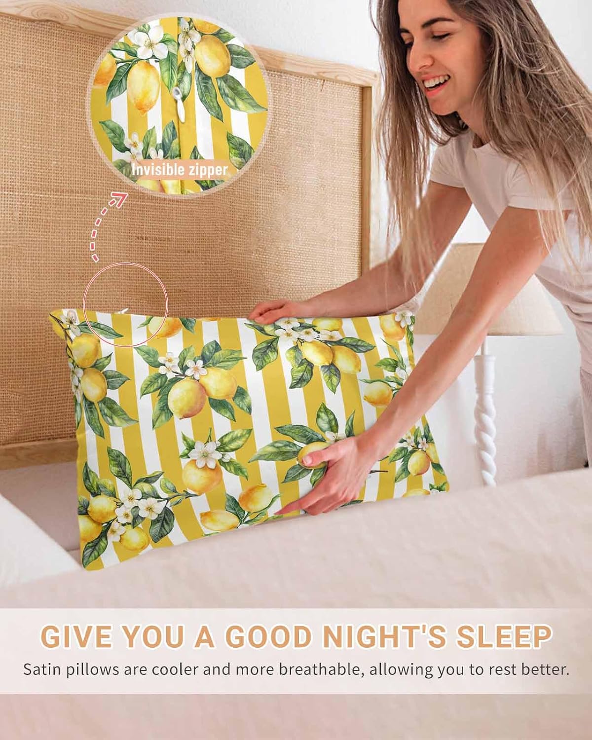 Satin Pillowcase for Hair and Skin Standard Size 2 Pack Floral Lemon Satin Pillow Case Soft Breathable Cooling Silk Fruit Leaves Yellow Stripes Pillowcases with Hidden Zipper Throw Pillow Covers 20x26