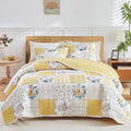 2 Pieces Floral Patchwork Quilt Set Twin, Yellow n White Flowers Design, Soft n Cozy Microfiber Quilt, Bedspread Bed Cover for All Season, 1 Quilt and 1 Pillow Sham- 68x86 inches