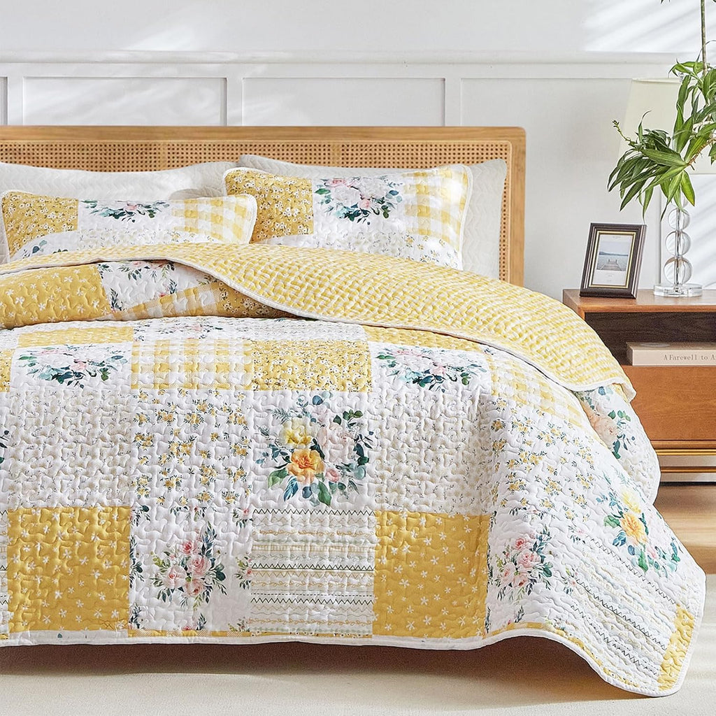 2 Pieces Floral Patchwork Quilt Set Twin, Yellow n White Flowers Design, Soft n Cozy Microfiber Quilt, Bedspread Bed Cover for All Season, 1 Quilt and 1 Pillow Sham- 68x86 inches