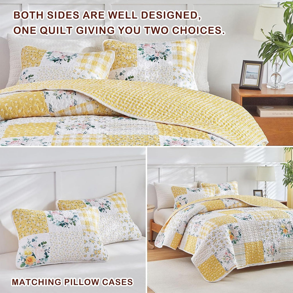 2 Pieces Floral Patchwork Quilt Set Twin, Yellow n White Flowers Design, Soft n Cozy Microfiber Quilt, Bedspread Bed Cover for All Season, 1 Quilt and 1 Pillow Sham- 68x86 inches