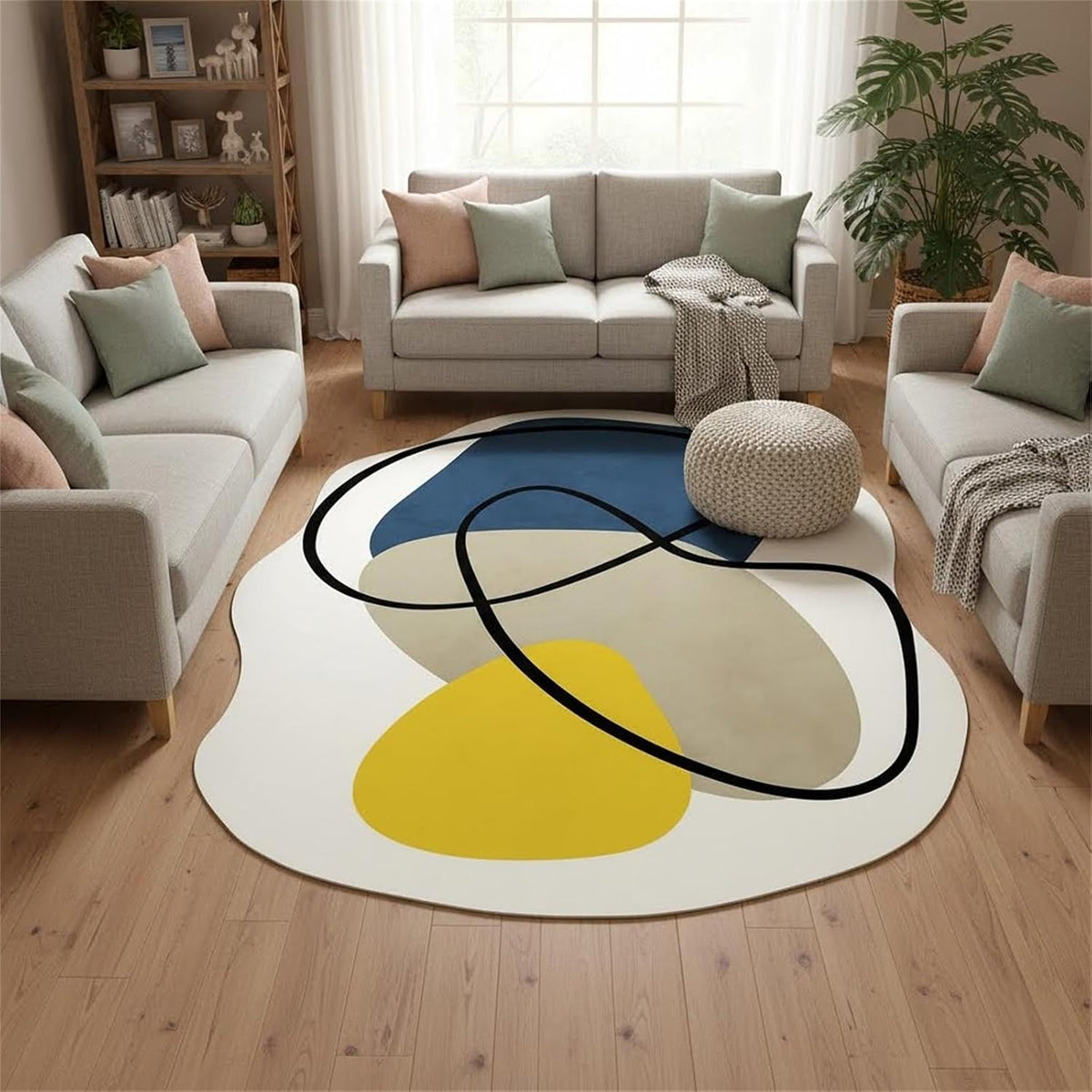Organic Modern Blue Off White Yellow Color Block Striped Abstract Area Rug 5x8 for Living Room Bedroom Dining Room Minimalist Art Deco Aesthetic Indoor Rugs Farmhouse Soft Non Skid Irregular Carpet