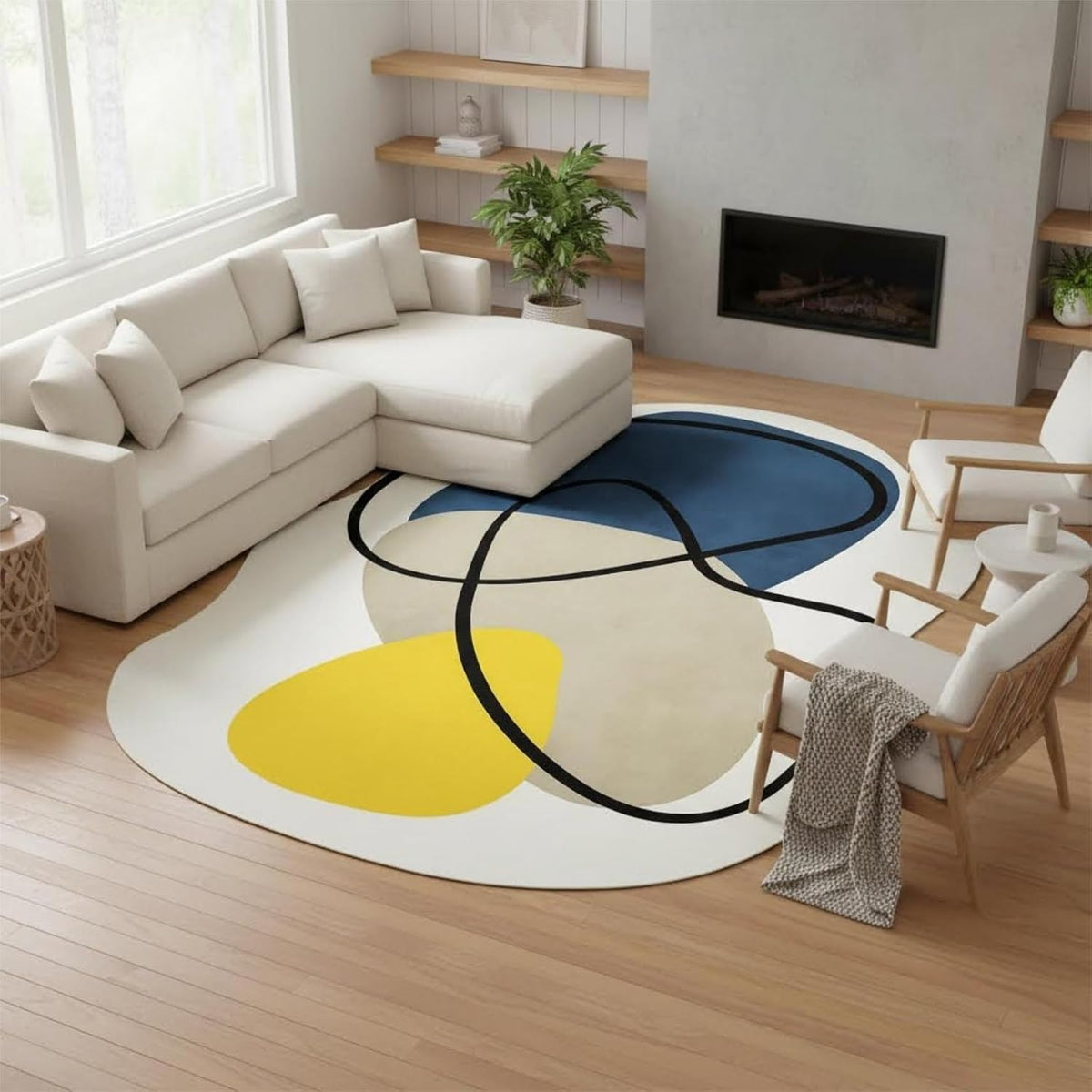Organic Modern Blue Off White Yellow Color Block Striped Abstract Area Rug 5x8 for Living Room Bedroom Dining Room Minimalist Art Deco Aesthetic Indoor Rugs Farmhouse Soft Non Skid Irregular Carpet