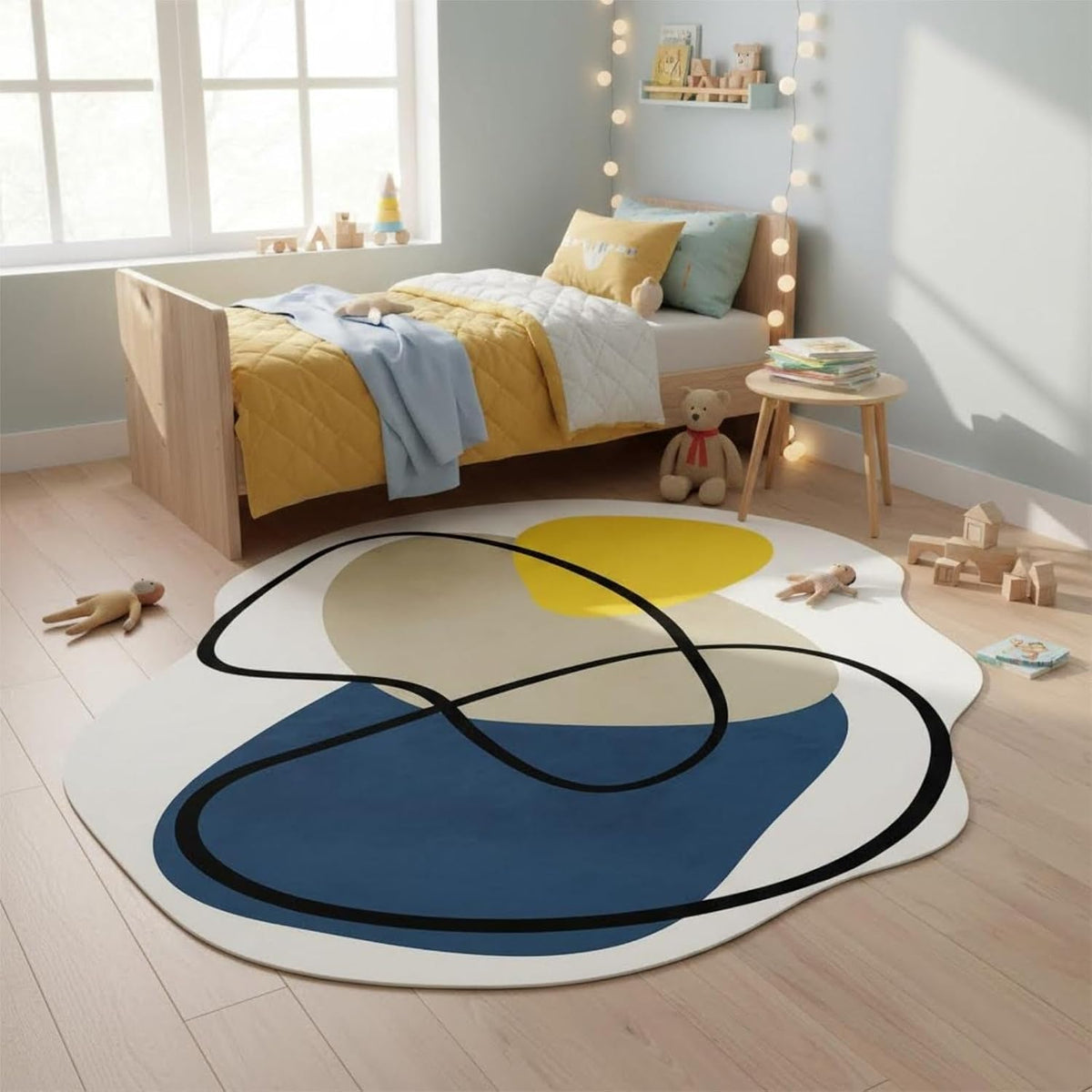 Organic Modern Blue Off White Yellow Color Block Striped Abstract Area Rug 5x8 for Living Room Bedroom Dining Room Minimalist Art Deco Aesthetic Indoor Rugs Farmhouse Soft Non Skid Irregular Carpet