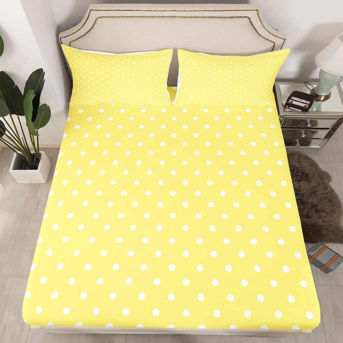 Lemon Yellow Polka Dot Bed Sheet Set Full Size Cute Polka Dot Bedding Sheets Simple Fashion Bedding Fitted Sheet Kawaii Style Bed Cover,1 Fitted Sheet+2 Pillow Sham（No Flat Sheet）