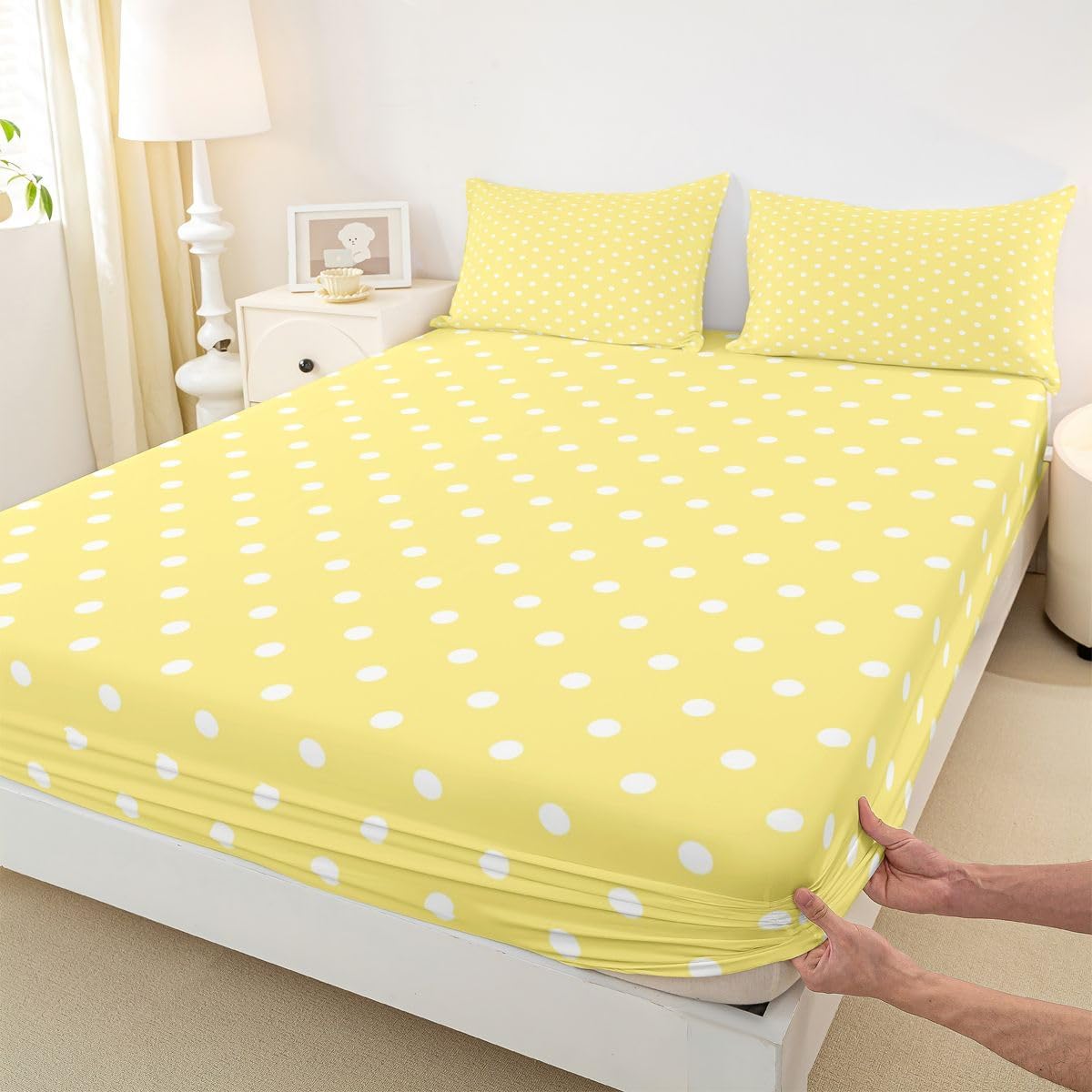 Lemon Yellow Polka Dot Bed Sheet Set Full Size Cute Polka Dot Bedding Sheets Simple Fashion Bedding Fitted Sheet Kawaii Style Bed Cover,1 Fitted Sheet+2 Pillow Sham（No Flat Sheet）