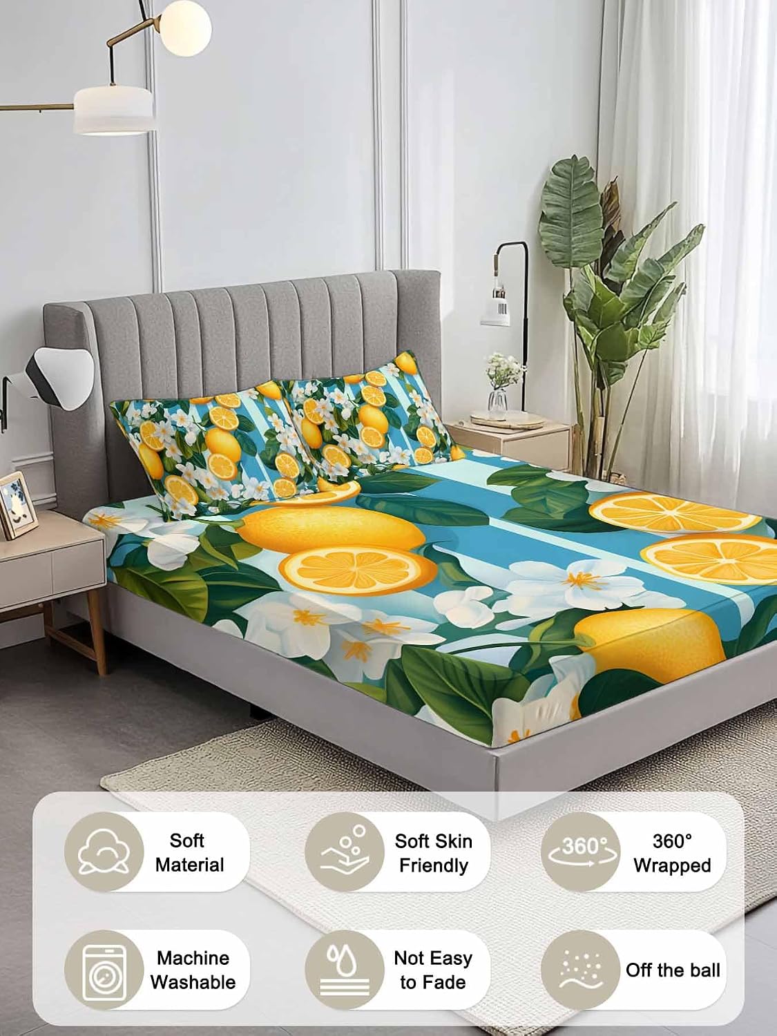Twin XL Fitted Sheet and Pillowcase Set, Yellow Lemon Soft Bed Fitted Sheets - Deep Pocket Fits Mattress Up to 16", Summer Fruit Floral Blue Stripe Watercolor Bedding Set with 1 Pillow Cover