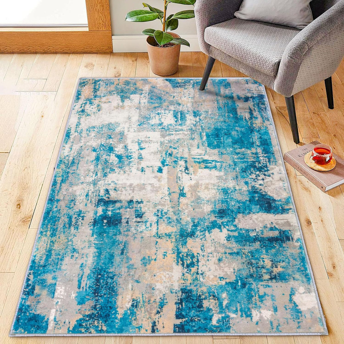 Modern Abstract 3x5 Area Rug Washable Bedroom Rug Throw Entry Mat Non-Slip Stain Resistant Carpet Dining Room Rug with Soft Low Pile for Living Room Kitchen Office, Turquoise/Beige/Grey/Yellow