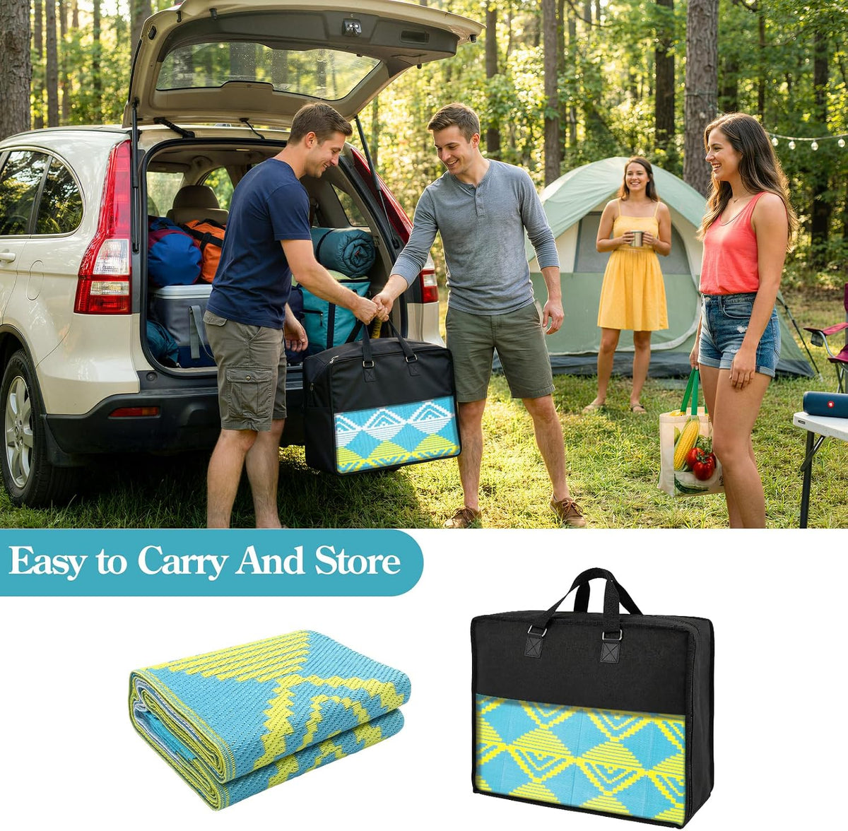 Waterproof Outdoor Rug 6x9 for Camping, Balcony & RV, Reversible Plastic Straw Outdoor Mat Blue Yellow