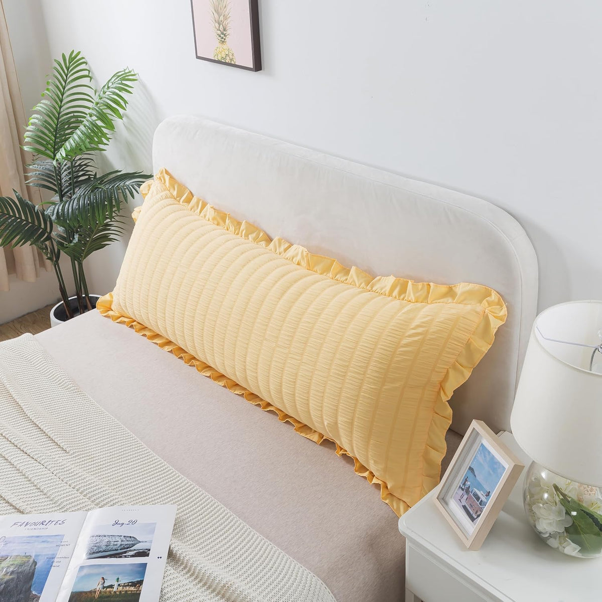 Seersucker Body Pillowcases, 20x54 inches Long Pillowcase Ruffled Pillowcases Shabby Chic Boho Ruffled Fringe Decor Body Pillowcase Light Yellow