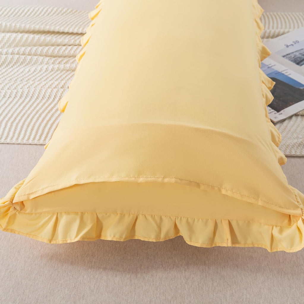 Seersucker Body Pillowcases, 20x54 inches Long Pillowcase Ruffled Pillowcases Shabby Chic Boho Ruffled Fringe Decor Body Pillowcase Light Yellow