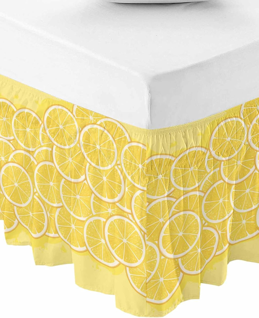 Yellow Lemon Bed Skirt Queen Size 16 Inch Drop, Adjustable Elastic Wrap Around Bed Skirts Easy Fitting Dust Ruffle Bedskirt Bed Frame Cover Summer Botanical Watercolor Modern Art