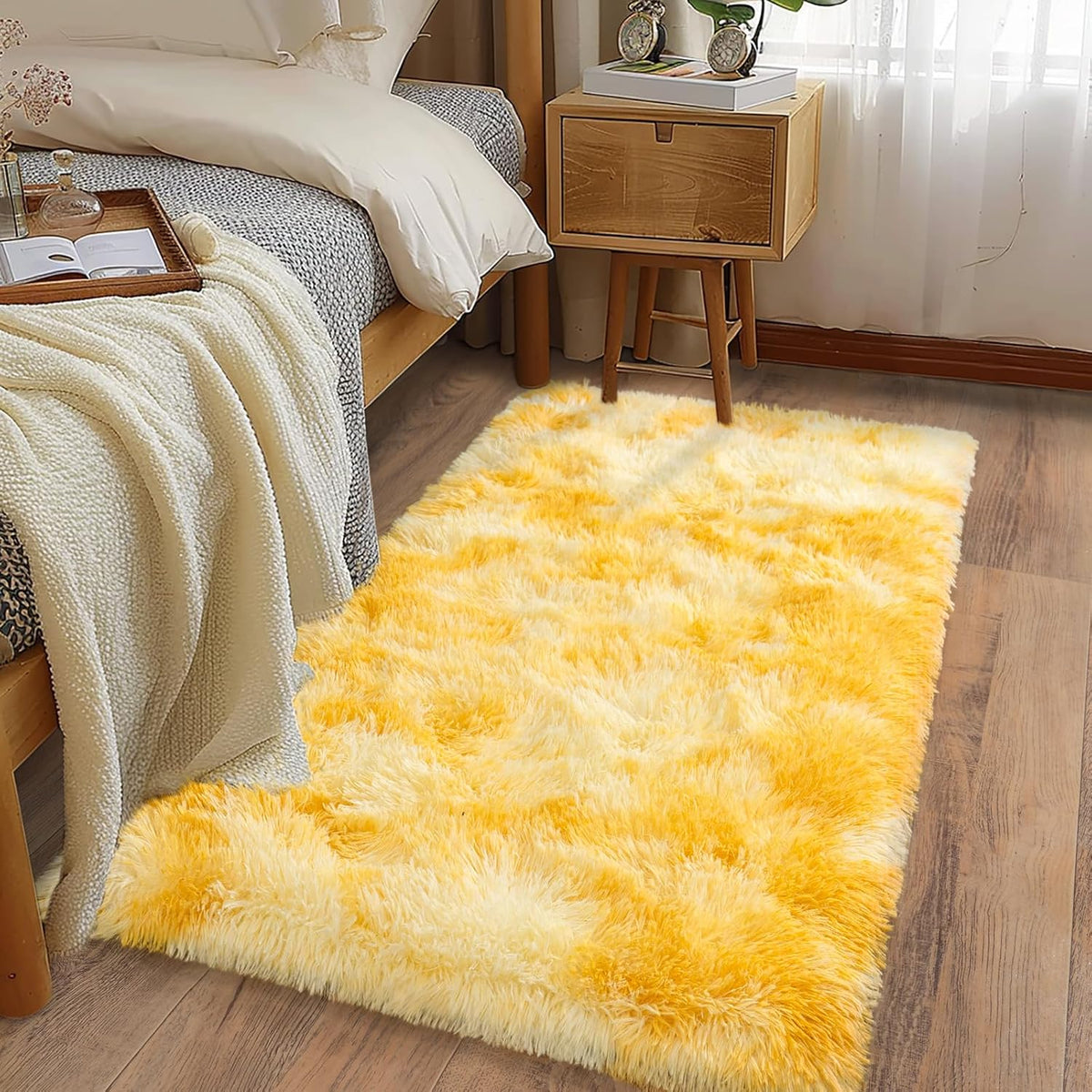 Soft Runner Rugs for Bedroom Hallways, 2x4 Tie-Dyed Yellow Fluffy Shag Throw Area Rug Non Slip for Bedside Dorm, Long Shaggy Furry Carpet for Nursery Living Room