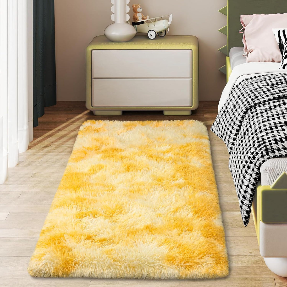 Soft Runner Rugs for Bedroom Hallways, 2x4 Tie-Dyed Yellow Fluffy Shag Throw Area Rug Non Slip for Bedside Dorm, Long Shaggy Furry Carpet for Nursery Living Room