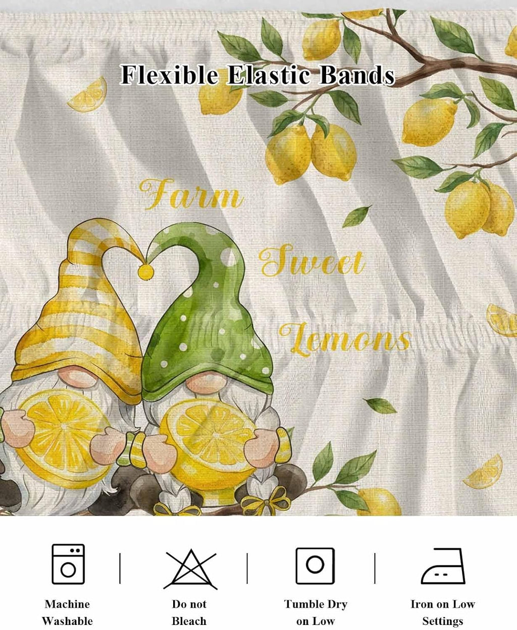 Farmhouse Bed Skirt Queen Size 16" Drop Summer Yellow Green Lemon Gnomes Branches Linen Ruffled Wrap Around Bed Skirts Adjustable Elastic Bedskirt Dust Ruffle for Queen King California King Bed
