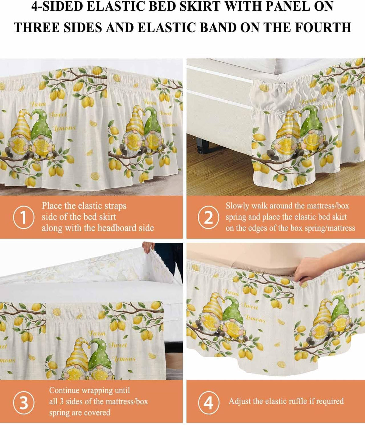 Farmhouse Bed Skirt Queen Size 16" Drop Summer Yellow Green Lemon Gnomes Branches Linen Ruffled Wrap Around Bed Skirts Adjustable Elastic Bedskirt Dust Ruffle for Queen King California King Bed
