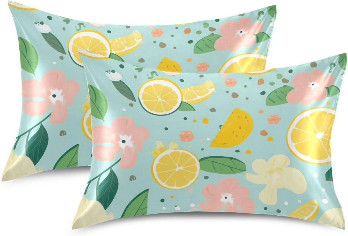 Yellow Lemon Floral Satin Pillowcase for Hair and Skin Body Bed Pillow Pillowcases Standard Size 20"X26" Super Soft Pillow Case with Envelope Closure for Women