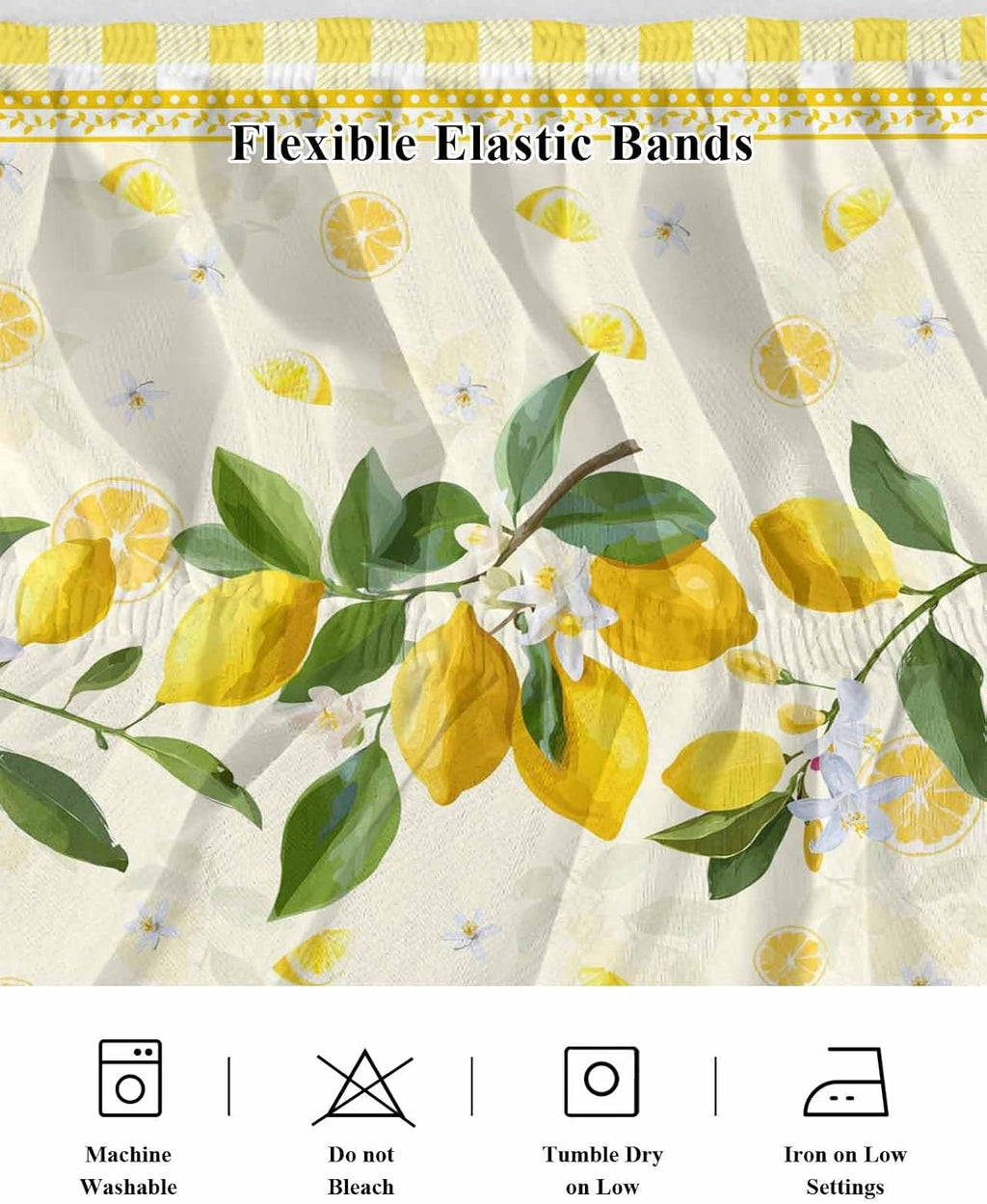 Yellow Lemons Wrap Around Bed Skirt Queen Size, Dust Ruffled 16 Inch Tailored Drop with Adjustable Elastic Belt Pleated, Summer Botanical Checkered Farmhouse Luxury Bedding Skirts for Bedroom