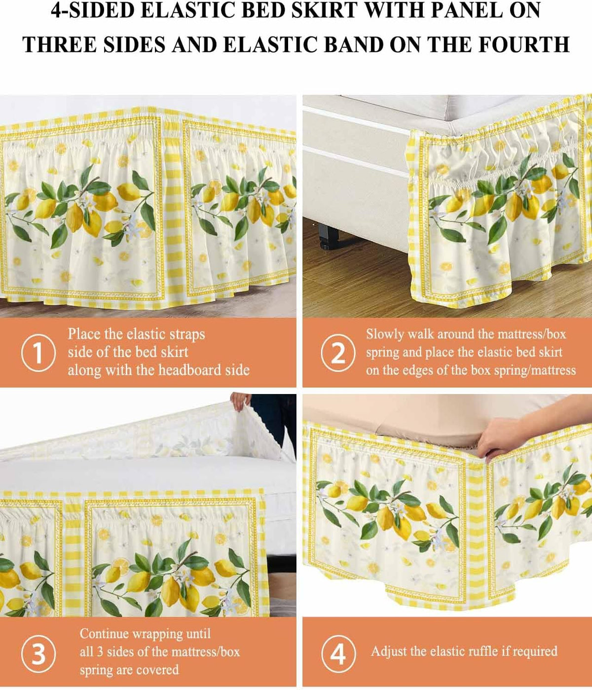 Yellow Lemons Wrap Around Bed Skirt Queen Size, Dust Ruffled 16 Inch Tailored Drop with Adjustable Elastic Belt Pleated, Summer Botanical Checkered Farmhouse Luxury Bedding Skirts for Bedroom