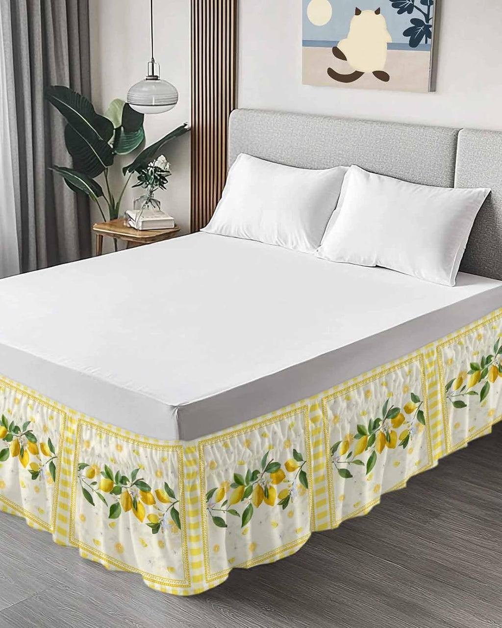 Yellow Lemons Wrap Around Bed Skirt Queen Size, Dust Ruffled 16 Inch Tailored Drop with Adjustable Elastic Belt Pleated, Summer Botanical Checkered Farmhouse Luxury Bedding Skirts for Bedroom