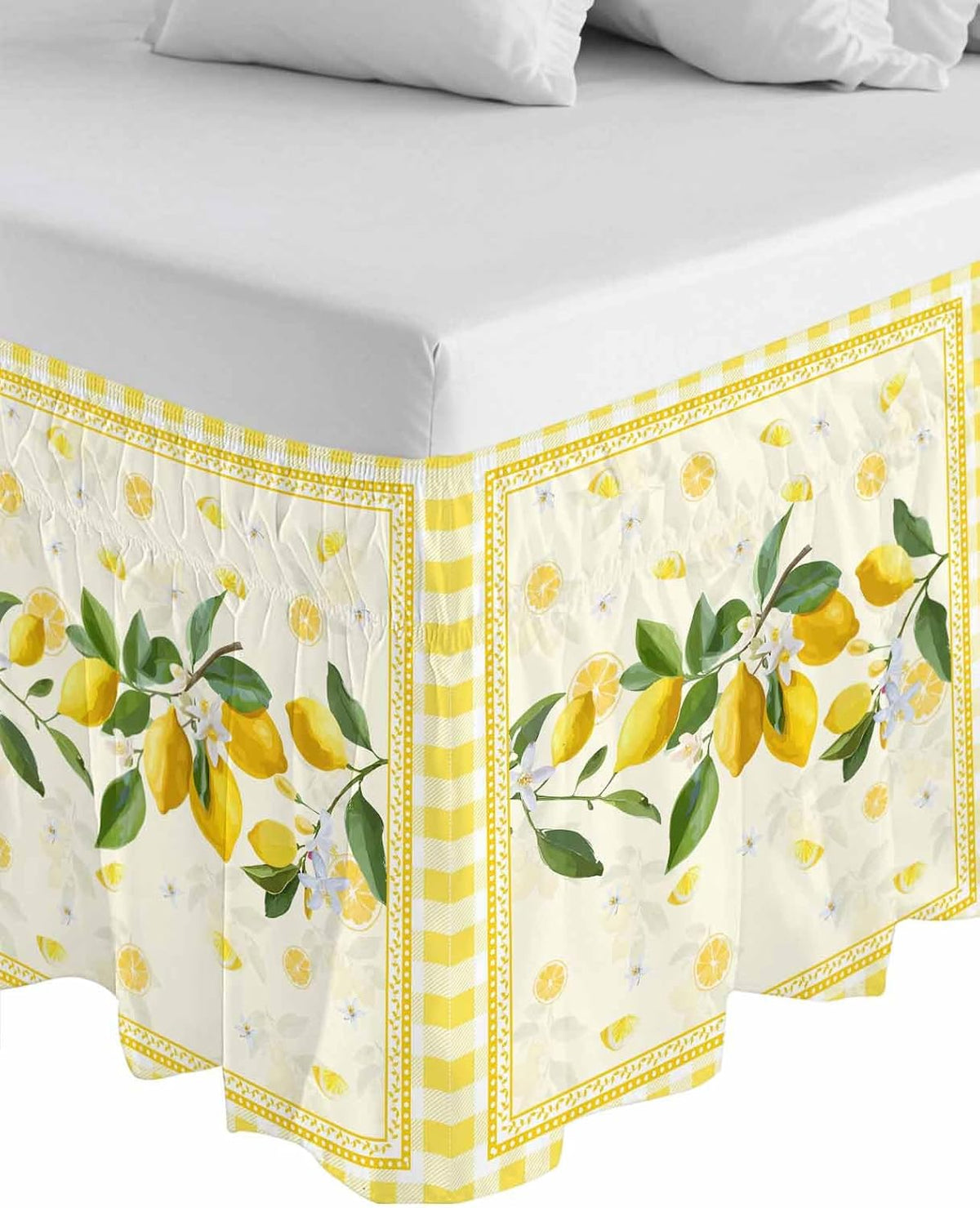 Yellow Lemons Wrap Around Bed Skirt Queen Size, Dust Ruffled 16 Inch Tailored Drop with Adjustable Elastic Belt Pleated, Summer Botanical Checkered Farmhouse Luxury Bedding Skirts for Bedroom